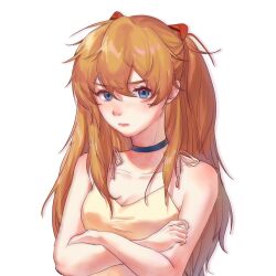 Rule 34 | 1girl, black choker, blue eyes, breasts, choker, cleavage, collarbone, crossed arms, dress, hairpods, haneryuu218, highres, long hair, neon genesis evangelion, orange hair, simple background, small breasts, solo, souryuu asuka langley, upper body, v-shaped eyebrows, very long hair, white background, yellow dress