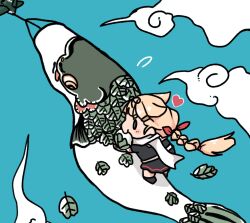 0_0 1girl black_serafuku black_shirt black_skirt blonde_hair blue_sky braid chibi cloud dyson_(edaokunnsaikouya) eating food highres kantai_collection koinobori long_hair mochi riding sakura_mochi scarf school_uniform serafuku shirt single_braid skirt sky solo wagashi white_scarf windsock yuudachi_(kancolle) yuudachi_kai_ni_(kancolle)