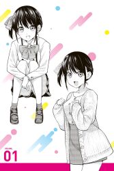 1girl black_hair blazer blush bow bowtie breasts buttons collarbone dot_nose female_focus full_body hair_ribbon highres hiroyuki jacket kanojo_mo_kanojo legs long_sleeves looking_at_viewer medium_breasts minase_nagisa miniskirt official_art open_mouth pencil_skirt pleated_skirt ribbon school_uniform shoes side_ponytail sitting skirt smile socks solo solo_focus sweater thighs thighs_focus upper_body