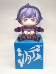 1girl armor beyond_citadel box breasts character_doll crotch_strap doll gloves headset long_sleeves looking_at_viewer martyr_(the_citadel) medium_breasts purple_eyes purple_gloves purple_hair revealing_clothes short_hair sitting solo the_citadel thighhighs vakj3286