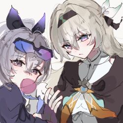 2girls black_hairband black_jacket chewing_gum closed_mouth collar collared_shirt eyewear_on_head fingerless_gloves firefly_(honkai:_star_rail) frilled_shirt frilled_shirt_collar frills fur-trimmed_jacket fur_trim gloves green_pupils grey_hair hair_between_eyes hair_intakes hair_ornament hair_ribbon hairband honkai:_star_rail honkai_(series) jacket jako_gnsn light_blush multicolored_eyes multiple_girls neckerchief open_clothes open_jacket orange_neckerchief ribbon shirt silver_wolf_(honkai:_star_rail) simple_background tinted_eyewear two-tone_eyes waving white_background white_collar white_shirt