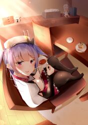 1girl ajax_(azur_lane) ajax_(retrofit)_(azur_lane) azur_lane breasts cup dessert feet_on_chair food from_above highres holding holding_cup naughty_face on_chair pantyhose purple_hair red_eyes red_skirt skirt small_breasts tea teacup tissue_box tsukimineko