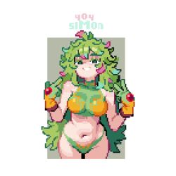 Rule 34 | 1girl, artist name, bare arms, bare shoulders, boku no hero academia, breasts, commentary, cowboy shot, gloves, green eyes, green hair, grin, hagakure toru, inward v, large breasts, long hair, looking at viewer, multicolored hair, navel, pink hair, pixel art, pointing, pointing at self, sim0n404, simple background, smile, solo, stomach, two-tone hair, v, very long hair