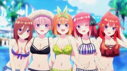 5girls ahoge anime_screenshot bare_shoulders bikini bikini_skirt black_bikini blue_eyes blush bow breasts brown_hair butterfly_hair_ornament cleavage closed_mouth collarbone colored_skin dot_nose female_focus go-toubun_no_hanayome green_bikini green_bow hair_between_eyes hair_bow hair_ornament hat highres large_breasts long_hair looking_at_viewer midriff miniskirt multiple_girls nakano_ichika nakano_itsuki nakano_miku nakano_nino nakano_yotsuba navel official_art one_eye_closed open_clothes open_mouth orange_hair peace peace_symbol pink_hair ponytail purple_bikini quintuplets red_bikini red_hair short_hair siblings sisters skirt sleeveless smile star_(symbol) star_hair_ornament stomach straw_hat sun_hat swimsuit swimsuit_skirt white_bikini white_skin
