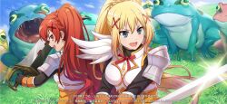 Rule 34 | 2girls, armor, artist request, blue eyes, braid, breastplate, cloud, copyright notice, cosplay, darkness (konosuba), darkness (konosuba) (cosplay), eris greyrat, frog, gleam, grass, hair ornament, highres, holding, holding sword, holding weapon, kono subarashii sekai ni shukufuku wo!, long hair, multiple girls, mushoku tensei, mushoku tensei: game ni nattemo honki dasu, official art, open mouth, ponytail, red eyes, red hair, saliva, shoulder armor, sky, sword, weapon, x hair ornament