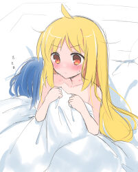 2girls aftersex ahoge bed bed_sheet bite_mark blonde_hair blue_hair blush bocchi_the_rock! closed_mouth collarbone commentary_request hair_down hickey highres holding holding_sheet ijichi_nijika long_hair multiple_girls nude orange_eyes short_hair sleeping sweatdrop under_covers v-shaped_eyebrows yakata_mana yamada_ryo yuri zzz