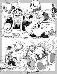 1girl 2boys adeleine beak beret castle fur-trimmed_robe fur_trim hammer hat holding holding_hammer king_dedede kirby kirby_(series) lying mittens monochrome multiple_boys nintendo on_back on_grass robe shirt skirt sleeping sleeping_on_person tree waddle_dee warp_star ydaalh7ndqvyogd
