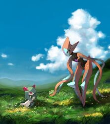 blue_sky bouquet cloud colored_skin commentary creatures_(company) cumulonimbus_cloud day deoxys deoxys_(attack) flower full_body game_freak gen_3_pokemon giving grass green_hair green_skin hair_over_one_eye highres holding holding_bouquet kirlia looking_at_another mmmggom mountainous_horizon multicolored_skin mythical_pokemon nintendo no_humans one_eye_covered open_mouth outdoors own_hands_together pokemon pokemon_(creature) red_eyes sitting sky smile standing symbol-only_commentary tendril tendril_arm two-tone_skin white_flower white_skin yokozuwari