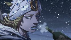 1boy 22_blurime anime_coloring araki_hirohiko_(style) beanie blonde_hair blue_lips bottle commentary english_commentary hat highres hood hoodie horseshoe_hat_ornament johnny_joestar jojo_no_kimyou_na_bouken looking_at_viewer male_focus medium_hair open_mouth snow_on_headwear snowflakes solo star_(symbol) star_print steam_from_mouth steel_ball_run teeth white_hat white_hoodie wine_bottle