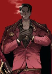 Rule 34 | 1boy, :|, belt, black eyes, black gloves, black skirt, blonde hair, blood, blood on face, cigarette, clenched hands, closed mouth, coat, collarbone, collared shirt, formal clothes, gloves, gold trim, hair slicked back, highres, jacket, jacket on shoulders, limbus company, looking at viewer, male focus, meursault (project moon), nyak 138, pectoral cleavage, pectorals, project moon, red background, red coat, red suit, red vest, serious, shirt, single hair streak, skirt, smoke, solo, suit, thumb (identity) (project moon), upper body, vest