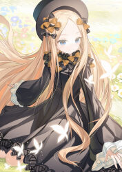 1girl abigail_williams_(fate) absurdres black_bow black_dress black_hat blonde_hair blue_eyes bow breasts bug butterfly dress fate/grand_order fate_(series) forehead hair_bow hat highres insect long_hair long_sleeves miyu10366 orange_bow parted_bangs ribbed_dress sleeves_past_fingers sleeves_past_wrists small_breasts smile solo