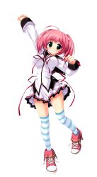 1girl ahoge aqua_eyes arm_up blush breasts full_body grin highres large_breasts long_sleeves looking_at_viewer medium_hair miniskirt nonomura_nino oshiki_hitoshi pink_shoes shoes simple_background skirt smile sneakers solo striped_clothes striped_thighhighs suzunone_seven thighhighs twintails white_background