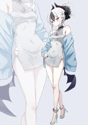 1girl absurdres alternate_costume alternate_hairstyle armpit_crease black_horns blue_archive blush breasts bright_pupils demon_girl demon_horns diamond_cutout dress earrings eyeliner full_body gradient_hair grey_dress grey_halo hair_ornament halo hand_on_own_hip high_heels highres horns jewelry kayoko_(blue_archive) looking_at_viewer makeup medium_hair multicolored_hair off_shoulder red_eyeliner red_eyes side_slit single_wing small_breasts so-ko solo standing streaked_hair striped_horns white_hair white_pupils wings zoom_layer