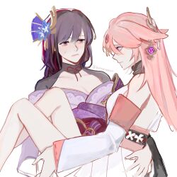 Rule 34 | 2girls, absurdres, animal ears, artist name, bare back, belt, blue flower, braid, breasts, brooch, buttertoaxt, carrying, cleavage, closed mouth, commentary, earrings, english commentary, fan hair ornament, floral print, flower, fox ears, fox girl, gem, genshin impact, gold earrings, hair between eyes, hair flower, hair ornament, headpiece, highres, japanese clothes, jewelry, kimono, long hair, long sleeves, looking at another, medium breasts, multiple girls, neck ribbon, nontraditional miko, obijime, off shoulder, pink belt, pink eyes, pink gemstone, princess carry, purple gemstone, purple hair, purple kimono, raiden shogun, red belt, red ribbon, ribbon, shirt, sidelocks, simple background, sleeveless, sleeveless shirt, smile, sweatdrop, tassel, tassel hair ornament, turtleneck, turtleneck shirt, vision (genshin impact), white background, white shirt, white sleeves, wide sleeves, yae miko, yuri