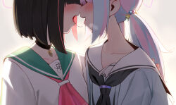 2girls after_kiss black_choker black_hair black_neckerchief blue_archive blush choker colored_inner_hair from_side green_sailor_collar halo highres kazusa_(blue_archive) kiss_focus long_hair multicolored_hair multiple_girls neckerchief open_mouth pink_halo purple_hair purple_halo red_hair red_neckerchief reisa_(blue_archive) sailor_collar saliva saliva_trail shirt short_hair simple_background teeth tongue tongue_out twintails upper_teeth_only white_shirt whonyang yuri