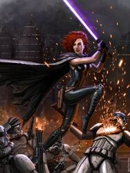 1girl 4boys armor black_bodysuit black_cape black_gloves bodysuit cape energy_sword gloves green_eyes gun highres holding holding_gun holding_weapon holster lightsaber looking_to_the_side mara_jade multiple_boys outdoors purple_lightsaber red_hair sirtiefling sleeveless sleeveless_bodysuit sparks star_wars stormtrooper sword weapon white_armor