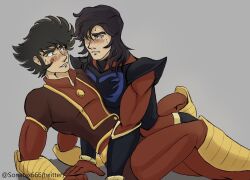 Rule 34 | blush, duke fleed, full-face blush, grendizer, highres, kabuto kouji, mazinger (series), mazinger z, mecha pilot suit, nervous smile, nervous sweating, non-web source, shy, smile, sweat, ufo robo grendizer, yaoi