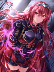 1girl black_cape cape crossed_bangs dark_persona female_alear_(fell_dragon)_(fire_emblem) female_alear_(fire_emblem) female_alear_(red_days_past)_(fire_emblem) fire fire_emblem fire_emblem_engage fire_emblem_heroes gloves hair_between_eyes highres kei_(asufend) long_hair long_sleeves nintendo purple_fire red_eyes red_gloves red_hair solo tiara two-tone_cape very_long_hair