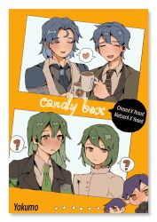 6+boys :&lt; ? ascot black_jacket blue_ascot blue_coat blue_hair border brown_eyes chesed_(project_moon) coat coffee_mug collared_shirt cup daniel_(project_moon) divewet3 gabriel_(project_moon) giovanni_(project_moon) green_hair green_necktie heart highres jacket lobotomy_corporation long_hair looking_at_viewer male_focus mug multiple_boys necktie netzach_(project_moon) parted_bangs project_moon purple_hair shirt short_hair simple_background spoken_heart upper_body white_border white_shirt yellow_background yellow_eyes yesod_(project_moon)