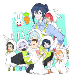 6+boys aged_down animal_hood babysitter babywearing bishounen black_hair blonde_hair blue_eyes blue_hair child full_body glasses green_hair heart highres holding hood idolish7 idolish7_(idolish7) izumi_iori izumi_mitsuki kumomero looking_at_viewer male_focus multiple_boys nanase_riku nikaido_yamato oogami_banri open_mouth orange_eyes orange_hair osaka_sougo purple_eyes red_eyes rokuya_nagi short_hair smile white_background white_hair yotsuba_tamaki