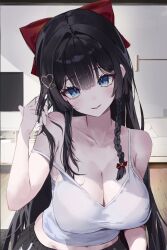 1girl arms_up bare_shoulders black_hair black_shorts blue_eyes blush bow braid breasts cleavage collarbone commentary couch flat_screen_tv hair_between_eyes hair_bow hair_ornament hand_in_own_hair head_tilt heart heart_hair_ornament highres indoors large_breasts long_hair looking_at_viewer open_mouth red_bow rug shirayuki_hina shirt shorts single_braid smile solo stellive strap_slip symbol-only_commentary television unfox_9 very_long_hair virtual_youtuber white_shirt