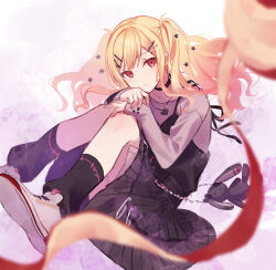 1girl 32_oogawa absurdres animal_bag bag black_bag black_choker black_leg_warmers black_nails black_ribbon black_skirt blonde_hair choker closed_mouth commentary_request dot_nose expressionless eyelashes falling floating_clothes floating_hair full_body gradient_background gradient_hair grey_shirt hair_ornament hairclip heart heart_necklace highres jewelry leg_warmers light_blush light_frown long_sleeves miniskirt multicolored_hair multicolored_nails nail_polish necklace pink_hair pleated_skirt project_sekai purple_background purple_nails rabbit_bag red_eyes ribbon shirt shoes shoulder_bag skirt sleeves_past_wrists sneakers solo star_(symbol) star_hair_ornament streamers swept_bangs tenma_saki two_side_up wavy_hair white_background white_shoes