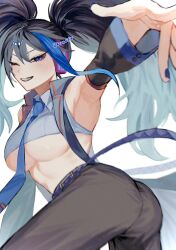 1girl armpits ass belt black_hair blue_belt blue_eyes blue_hair blue_nails blue_necktie breasts collared_shirt commentary crop_top detached_sleeves eyelashes foreshortening from_behind hair_between_eyes headphones highres kusogaki115 large_breasts long_hair looking_at_viewer multicolored_hair nail_polish necktie one_eye_closed pants reaching reaching_towards_viewer shiny_skin shirt single_hair_streak smile solo twintails twitter_username underboob utau very_long_hair white_background yokune_ruko