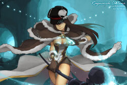 1girl artist_name black_hat blue_background breasts brown_cape brown_dress brown_gloves cabbie_hat cape closed_mouth commentary commission copyright_name cowboy_shot dress english_commentary fur-trimmed_cape fur-trimmed_gloves fur_trim gloves hair_over_one_eye hat hat_ornament high_wizard_(ragnarok_online) holding holding_staff layered_dress long_hair looking_at_viewer magic medium_breasts minyidesign ragnarok_online short_dress skull_hat_ornament smile solo staff two-tone_dress white_dress