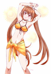 1girl antenna_hair artist_name bikini breasts brown_eyes brown_hair cleavage cowboy_shot eiyuu_densetsu estelle_bright floating_hair flower grin hair_between_eyes hair_intakes hajimari_no_kiseki long_hair medium_breasts navel simple_background smile solo sora_no_kiseki stretching sunflower swimsuit twintails very_long_hair white_background xiacheng_tatsuya