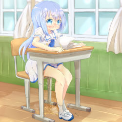 Rule 34 | 1girl, 22m, blue eyes, blue hair, blue neckerchief, blue shoes, blush, book, chair, classroom, closed mouth, curtains, day, desk, dress, embarrassed, female focus, flat chest, full body, gochuumon wa usagi desu ka?, hair ornament, holding, indoors, kafuu chino, legs together, light blue hair, long hair, neckerchief, nose blush, open book, peeing, peeing self, pencil, puddle, puffy short sleeves, puffy sleeves, school desk, school uniform, shoes, short sleeves, sitting, socks, solo, steam, sweat, trembling, wavy mouth, white dress, white socks, window, x hair ornament