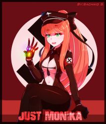 1girl armband black_bodysuit black_bow black_gloves black_hat black_necktie bodysuit bow breasts brown_hair cleavage doki_doki_literature_club female_focus gloves green_eyes hair_bow hat high_ponytail highres infinity_gauntlet long_hair monika_(doki_doki_literature_club) nazi necktie ponytail sachiko_shirayuki sidelocks sitting solo swastika