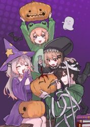 1boy 3girls absurdres alien_costume annytf arms_up bandaged_head bandages bat_(animal) blue_eyes book book_stack bridal_gauntlets broken_heart broken_heart_hair_ornament brown_hair colored_tips commentary costume dress english_commentary evil_neuro-sama fang fiansand from_side ghost green_eyes green_hoodie grey_hair hair_ornament hand_on_another&#039;s_head hat heart heart_hair_ornament highres holding holding_knife holding_pumpkin hood hood_down hoodie indie_virtual_youtuber knife leg_up multicolored_hair multiple_girls neuro-sama open_mouth paint pumpkin purple_background purple_dress red_eyes red_hair red_paint sitting standing streaked_hair vedal987 virtual_youtuber witch_hat xenomorph yawning