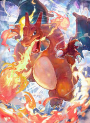 blue_eyes breath_weapon breathing_fire charizard claws colored_skin commentary_request dragon fire full_body gen_1_pokemon highres lizard looking_at_viewer making-of_available nijimaarc nintendo orange_skin pokemon pokemon_(creature) solo wings