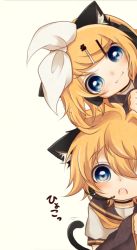 1boy 1girl :3 animal_ears arm_warmers black_collar black_sleeves blonde_hair blue_eyes bow cat_ears cat_tail collar commentary hair_bow hair_ornament hairclip headphones kagamine_len kagamine_rin looking_at_viewer mattari_haruto open_mouth paw_hair_ornament peeking_out sailor_collar school_uniform shirt short_hair short_sleeves smile spiked_hair swept_bangs tail translated vocaloid white_bow white_shirt yellow_neckwear