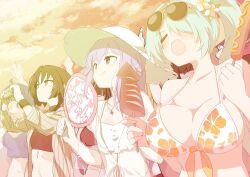 Rule 34 | 3girls, atsuko (blue archive), atsuko (swimsuit) (blue archive), bikini, black bikini, black hair, blue archive, blue hair, breasts, camera, closed eyes, cloud, evening, eyewear on head, floral print, flower, food, hair flower, hair ornament, hat, hiyori (blue archive), hiyori (swimsuit) (blue archive), holding, holding camera, holding food, ikayaki, large breasts, long hair, misaki (blue archive), misaki (swimsuit) (blue archive), momiji oroshi, multiple girls, no halo, open mouth, outdoors, purple hair, red eyes, sausage, side ponytail, sky, small breasts, smile, sunglasses, sweat, swimsuit, taking picture, white bikini, white flower, white hat