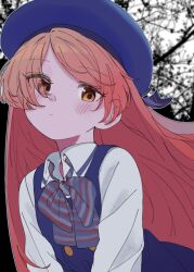 1girl absurdres beret blue_dress blush brown_eyes dress hat highres idolmaster idolmaster_million_live! idolmaster_million_live!_theater_days long_hair looking_at_viewer meeeeeeco359 original shirt sleeveless solo suou_momoko upper_body white_shirt
