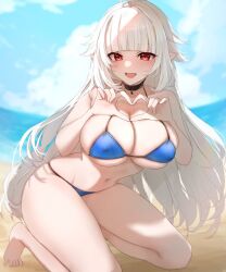 1girl beach bikini black_choker blue_bikini breasts choker cleavage cloud eine_lotta heart heart_hands highres indie_virtual_youtuber kneeling large_breasts long_hair navel ocean open_mouth red_eyes second-party_source shadow sky smile solo swimsuit twt_vv202 very_long_hair virtual_youtuber white_hair