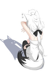 1girl absurdres animal_ears black_bow black_shorts black_thighhighs bow cat_shadow_puppet_(meme) fox_ears fox_girl fox_tail from_behind hair_bow highres hololive johnny_0716 meme shirakami_fubuki shirt shorts single_thighhigh sleeveless sleeveless_shirt solo squatting tail thighhighs virtual_youtuber w white_hair white_shirt