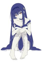1girl :&lt; bare_shoulders barefoot black_dress black_hair black_hairband bone_hair_ornament breasts cleavage closed_mouth collarbone commentary_request dress frown full_body hair_between_eyes hair_ornament hairband hands_on_own_knees knees_up kushima_kamome large_breasts long_hair looking_at_viewer sidelocks simple_background sitting sketch skull_and_crossbones skull_hair_ornament sleeveless sleeveless_dress solo straight_hair strap_slip summer_pockets toes upturned_eyes very_long_hair white_background yellow_eyes yoanium