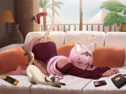 1girl :3 absurdres all_fours ancient_egyptian ancient_egyptian_clothes animal animal_ear_fluff animal_ears ass bag balcony bandaged_tail bare_legs bare_shoulders barefoot blunt_bangs blush butt_crack cat cat_ears cat_girl cat_stretch cat_tail cellphone circlet clothed_animal commission commissioner_upload couch cushion dark-skinned_female dark_skin earrings egyptian_art extra_ears feet feral_instincts fingernails full_body gem gold gold_earrings gold_hairband gold_nails gold_ring hair_ornament hairband halo handbag handheld_game_console headpiece highres indie_virtual_youtuber indoors isuress_(vtuber) jewelry lamp legs long_hair long_toenails looking_at_viewer multiple_rings nail_polish off_shoulder on_couch ornate panties pharamacom phone pink_eyes pink_hair pink_tail plant playstation_portable pointy_ears potted_plant pyramid_(structure) railing ribbon ring ringed_eyes sharp_fingernails sharp_toenails siamese_cat sidelocks smartphone smile soles solo stretching tail tail_ornament tail_raised tail_ribbon tail_ring thick_thighs thighs thong tiara toe_ring toenail_polish toenails toes top-down_bottom-up triangle_earrings two-tone_nails underwear v-shaped_eyebrows vase virtual_youtuber wide_hips window yellow_nails