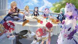 Rule 34 | 3boys, 6+girls, aglaea (honkai: star rail), anaxa (honkai: star rail), angel wings, animal ears, animal hood, aqua eyes, aqua hair, black hairband, black tiara, black vest, blonde hair, blue eyes, breasts, castorice (honkai: star rail), cat ears, cat girl, cat hood, chrysos heirs (honkai: star rail), cipher (honkai: star rail), cleavage, commentary request, cross-shaped pupils, dress, elbow gloves, eyepatch, flower, food, gloves, green hair, grey hair, hair flower, hair ornament, hairband, hat, head wreath, highres, holding pan, honkai: star rail, honkai (series), hood, hyacine (honkai: star rail), kumajyayo, large breasts, laurel crown, little ica (honkai: star rail), long hair, looking at viewer, male focus, multiple boys, multiple girls, mydei (honkai: star rail), open mouth, phainon (honkai: star rail), pink hair, plate, purple eyes, purple gloves, purple hair, reaching, reaching towards viewer, red hair, red hat, red tattoo, short hair, sitting, smile, standing, symbol-shaped pupils, table, tiara, trianne (honkai: star rail), tribbie (honkai: star rail), trinnon (honkai: star rail), triplets, twintails, very long hair, vest, white dress, white hair, wings