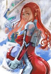1girl ass blue_eyes christina_mackenzie commentary dated english_commentary gundam gundam_0080 gundam_alex helmet highres holding holding_helmet long_hair looking_at_viewer mecha mecha_pilot_suit mobile_suit normal_suit_(gundam) okrdisk2000 orange_hair robot science_fiction solo unworn_headwear unworn_helmet v-fin