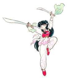 Rule 34 | 1girl, chinese clothes, green hair, long hair, official art, ranma 1/2, red shoes, shampoo (ranma 1/2), shoes, sidelocks, solo, standing, sword, takahashi rumiko, weapon