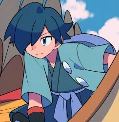 Rule 34 | 1boy, bird, blue eyes, blue hair, closed mouth, cloud, commentary, day, falkner (pokemon), gen 1 pokemon, hair over one eye, jacket, japanese clothes, kimono, male focus, nintendo, open clothes, open jacket, outdoors, pidgeot, pokemon, pokemon (creature), pokemon hgss, riding, riding pokemon, sash, short hair, sky, smile, symbol-only commentary, tyako 089, white sash, wristband