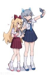 2girls absurdres blonde_hair blue_eyes bow bowtie cellphone choker commentary_request cross cross_earrings double_v earrings full_body grey_hair gyaru highres jewelry long_hair multiple_girls necktie original phone pointy_ears red_eyes school_uniform selfie shoes skirt smartphone symbol-shaped_pupils uwabaki v x-shaped_pupils zizi_niisan