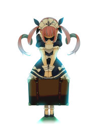 1girl backlighting blue_dress blue_hair bowing commentary_request dress full_body holding holding_suitcase hololive maid_headdress makishima_rin minato_aqua minato_aqua_(1st_costume) multicolored_hair pink_hair puffy_short_sleeves puffy_sleeves short_sleeves solo streaked_hair suitcase tears twintails two-tone_hair virtual_graduation_commemoration virtual_youtuber