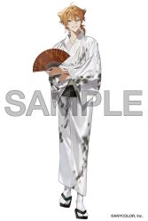 1boy black_sash brown_eyes brown_hair copyright_notice crossed_arms earrings folding_fan full_body fushimi_gaku grin hair_between_eyes hair_flaps hand_fan holding holding_fan japanese_clothes jewelry kimono long_sleeves looking_at_viewer low_ponytail male_focus mole mole_under_eye nijisanji official_art patterned_clothing ponytail print_kimono sample_watermark sandals sash simple_background single_earring smile socks solo standing tabi virtual_youtuber watermark white_background white_kimono white_socks yukata yukko_(matakite_4kaku) zouri
