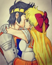 Rule 34 | 1boy, 1girl, aino minako, armor, bishoujo senshi sailor moon, blonde hair, blue hair, bow, breasts, closed eyes, crossover, earrings, hair bow, headband, hetero, highres, hug, jewelry, kiss, leotard, long hair, ribbon, ronin warriors, sailor collar, sailor venus, shue rei fuan, sunrise (company), upper body, yoroiden samurai troopers