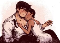 1boy 1girl :q black-framed_eyewear black_hair black_pants blush clark_kent closed_eyes collared_shirt commentary d-e-r-i dark-skinned_female dark_skin dc_comics dress earrings glasses hetero highres jewelry lipstick_mark lipstick_mark_on_chest lipstick_mark_on_face lois_lane my_adventures_with_superman open_clothes open_shirt pants shirt short_hair smile stud_earrings superman_(series) symbol-only_commentary tongue tongue_out white_dress