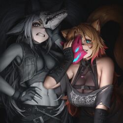 2girls animal_ear_fluff animal_ears bandaid bandaid_on_face bandaid_on_nose bare_shoulders belt belt_collar black_belt black_gloves blonde_hair blue_eyes breasts cat_ears cat_girl cat_tail chest_belt cleavage clenched_teeth collar cropped_jacket dyarikku_(vtuber) facial_mark fang fox_ears fox_girl fox_mask gloves grey_eyes grey_gloves grey_hair grey_jacket grey_shirt highres holding holding_mask indie_virtual_youtuber jacket large_breasts leaning_forward long_hair mask multiple_girls navel numanoan obkatiekat obkatiekat_(2nd_costume) off_shoulder open_clothes open_jacket parted_lips partially_fingerless_gloves pink_hair second-party_source see-through_cleavage see-through_clothes shirt slit_pupils tail teeth torn_clothes torn_shirt virtual_youtuber vyugen whisker_markings